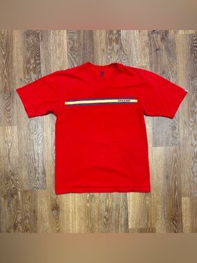 Speedo Red Short Sleeve Tee with Navy and Yellow Chest Stripes